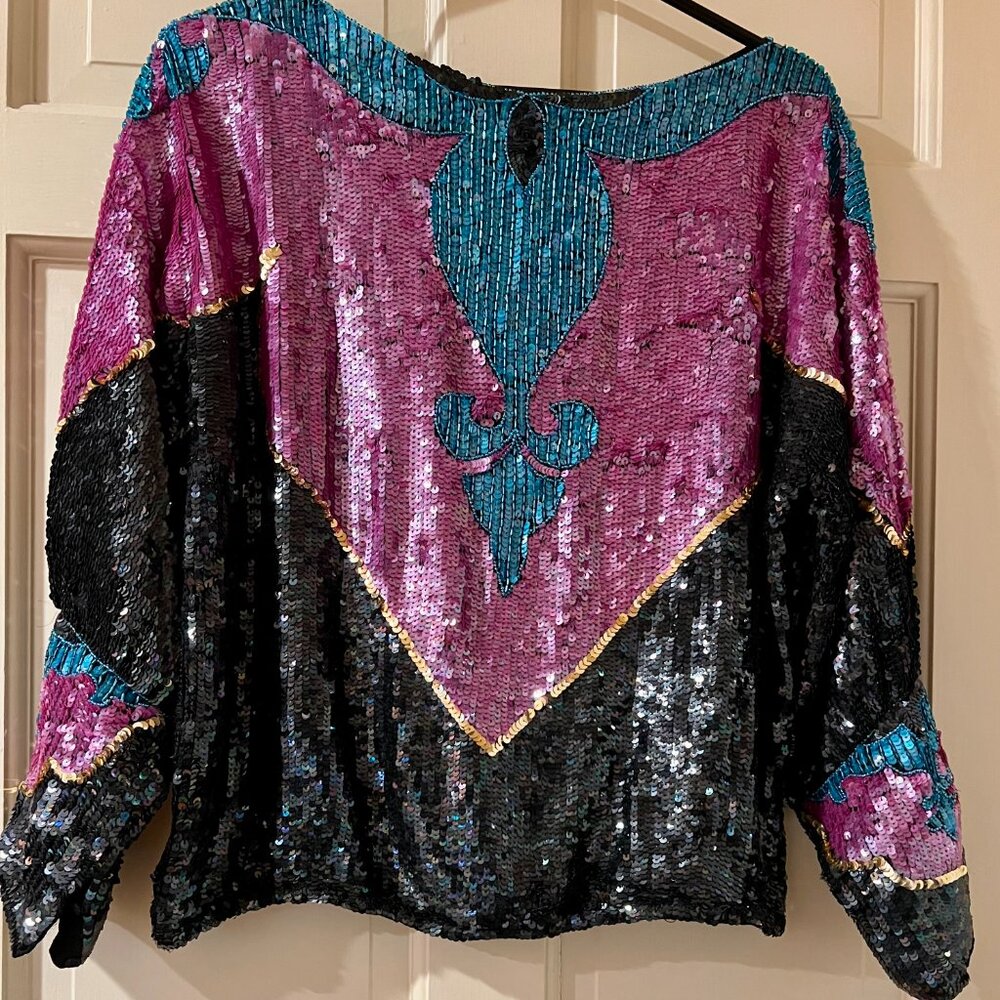 Sejour Vintage (1980) Elegant Fully Sequined Silk Top, Size Medium, Multi-colors